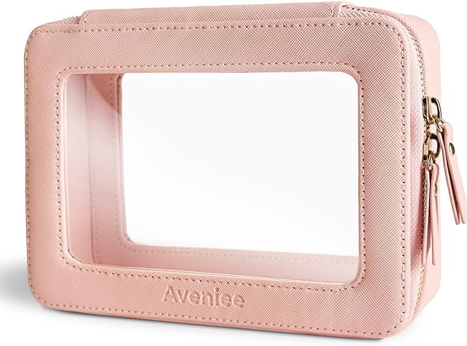 Aveniee Clear Makeup Bag Organizer, Portable Travel Toiletry Cosmetic Bag Case for Women, Heavy Duty Make Up Pouch with Transparent Vinyl Windows & Gold Zippers(Pink)