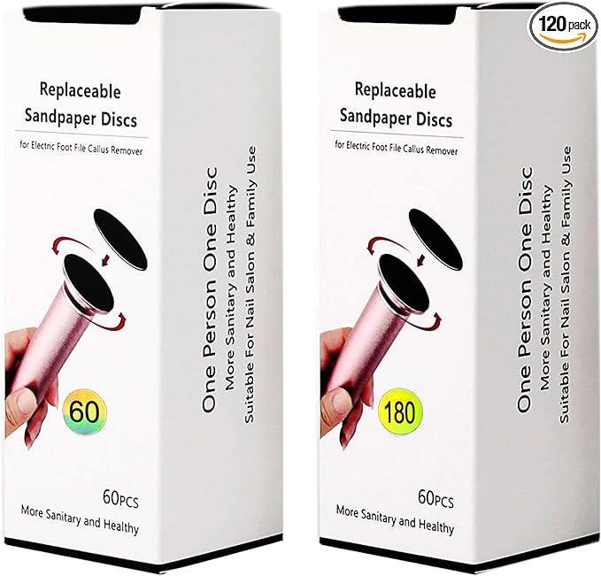 120pcs Foot File Sandpaper Discs Refill 60 Grit 180 Grit for Electric Foot Sander Callus Remover Dead Skin Removal (Rough 60 Grit, Smooth 180 Grit)