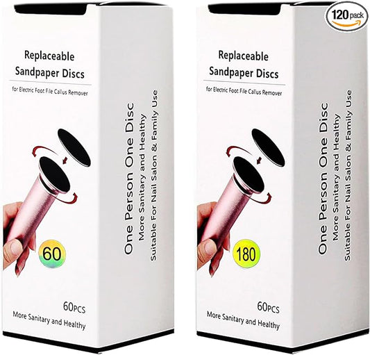 120pcs Foot File Sandpaper Discs Refill 60 Grit 180 Grit for Electric Foot Sander Callus Remover Dead Skin Removal (Rough 60 Grit, Smooth 180 Grit)