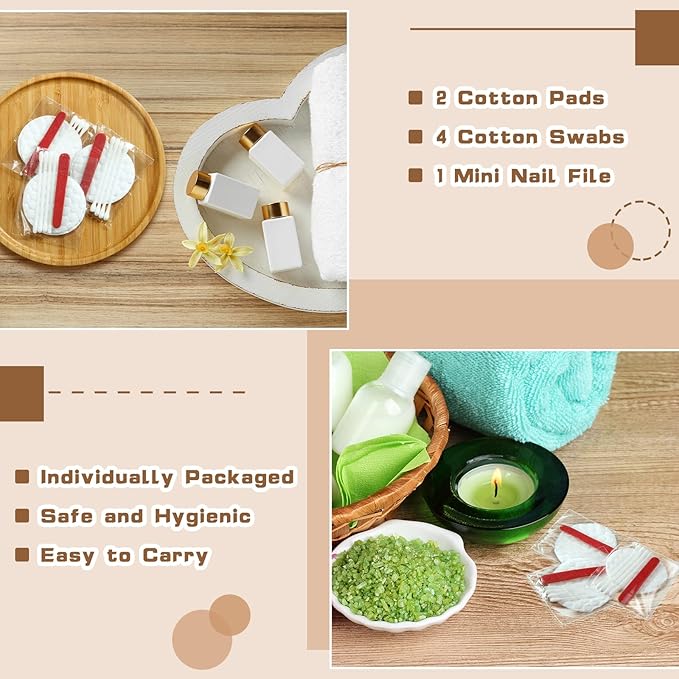 200 Pieces Hotel Vanity Kit Individually Wrapped Hotel Amenities Disposable Travel Size Hotel Hospitality Supplies, Each Includes 2 Cotton Pads 4 Cotton Swabs Nail File for Motels Makeup Toiletries