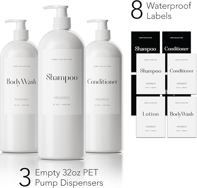 32oz Refillable Shampoo and Conditioner Dispenser Bottles - Set of 3 Empty Shampoo Conditioner Body Wash Dispenser with 8 Waterproof Labels