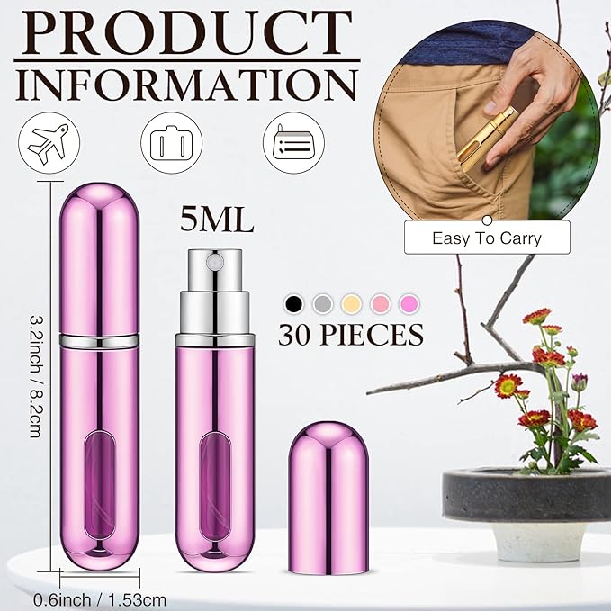 30 Pieces Refillable Perfume Atomizer Mini Refillable Spray Perfume Bottle in 5 ml with 10 Perfume Dispenser Pump Transfer Tool Travel Perfume Bottle Small Refillable Scent Pump Case (Multi Colors)