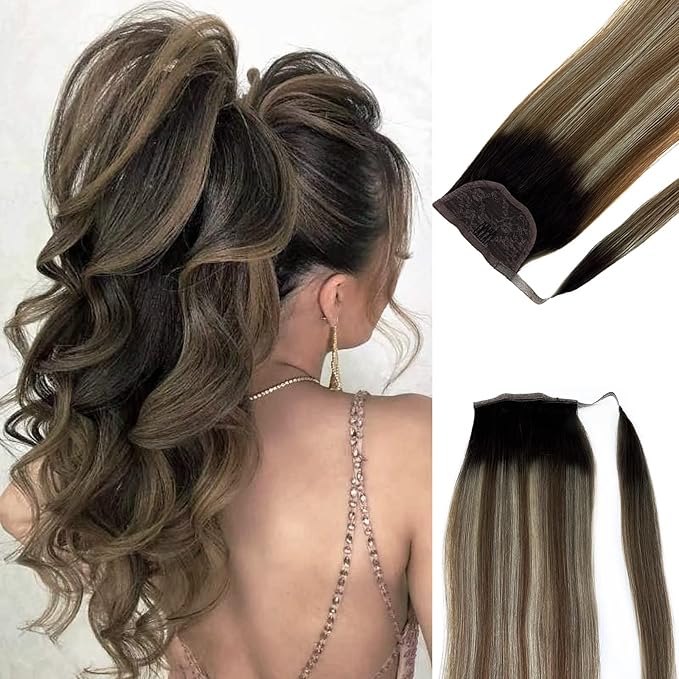 Ponytail Extension Human Hair Balayage Walnut Brown to Ash Brown with Bleach Blonde Highlights Ponytail Hair Pieces Clip in Wrap Around Pony Remy Hair Extensions for Women 14 Inch 80G #3T8P613