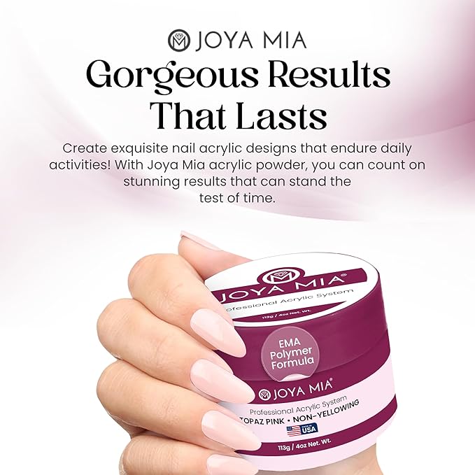 Joya Mia Acrylic Powder for Nails, MMA-Free, Super Adhesion Professional Powder for Flawless & Long-Lasting Nail Enhancements, Easy Application, Vibrant & Stunning Colors - Topaz Pink, 4 oz