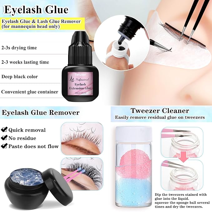 EyeLash Extension Kit for Beginners, Professional Lash EyeLash Extension Practice Kit with Everything, Mannequin Head, Eye Lashes Glue, Lash Kit for Eyelash Extensions Beginners Training