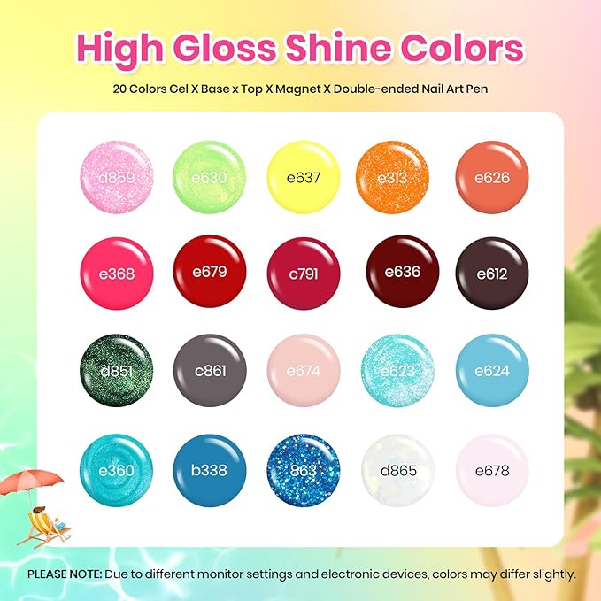 Beetles Gel Nail Polish Set - 20 Colors Summer Gel Polish Pink Blue Green Yellow Pearl Color Gel with Base Glossy & Matte Top Coat Uv DIY Salon Manicure Kit Beach Bash Neon Nails Gift for Women