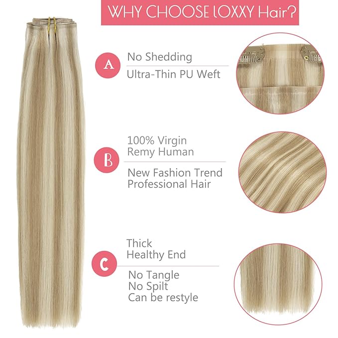 Loxxy Seamless Clip in Hair Extensions Real Human Hair Highlights Ash Blonde Clip in Hair Extensions Invisible PU Skin Weft Clip ins Double Weft 16Inch 6Pcs 110Gram