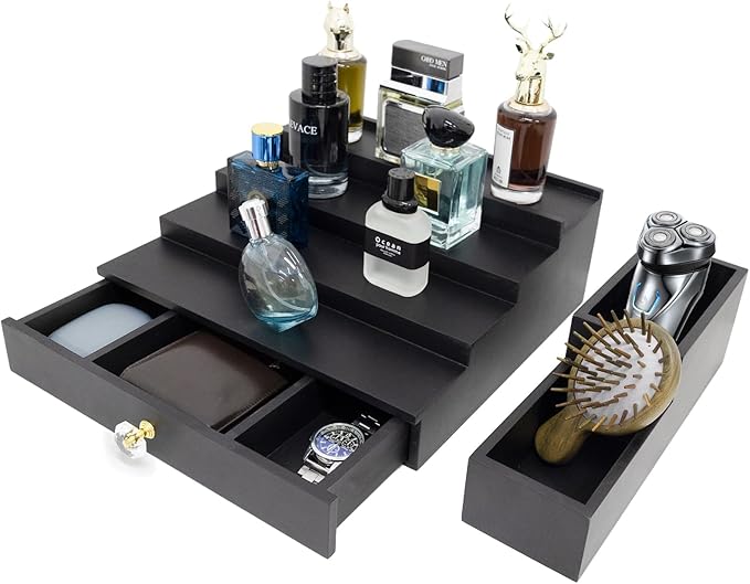 4 Tier Cologne Organizer Cologne Stand with Drawer and Hidden Compartment Cologne Holder for Men, Wood, Perfume Holder 2 in 1 Dresser Bathroom Organizer Men Room Essentials