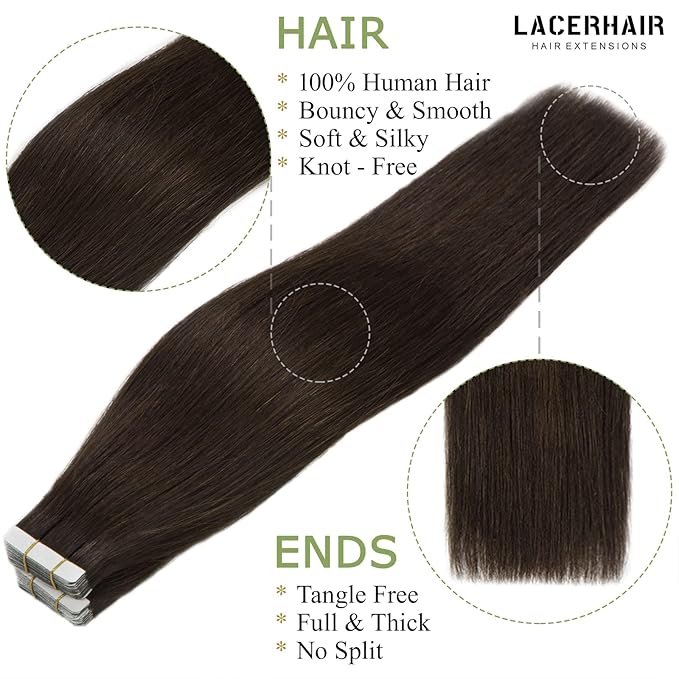 Lacer Tape in Extensions Human Hair Dark Brown Color Seamless PU Weft Straight Tape in Hair Extensions Real Human Hair for Black Women 20pcs/set 50g 22 Inch