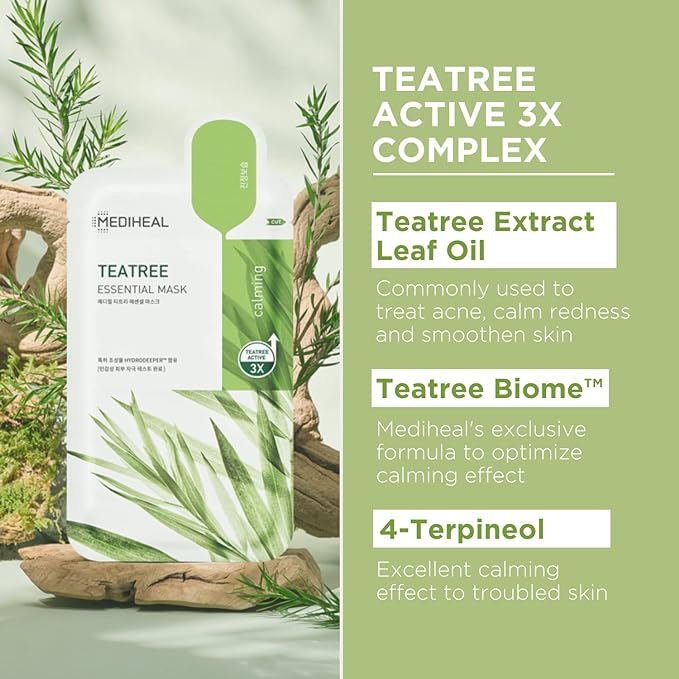 Mediheal Official Best Korean Sheet Mask - Tea Tree Essential Face Mask 4 Sheets Skin Soothing Treat Blemishes Sebum Control For All Skin Types