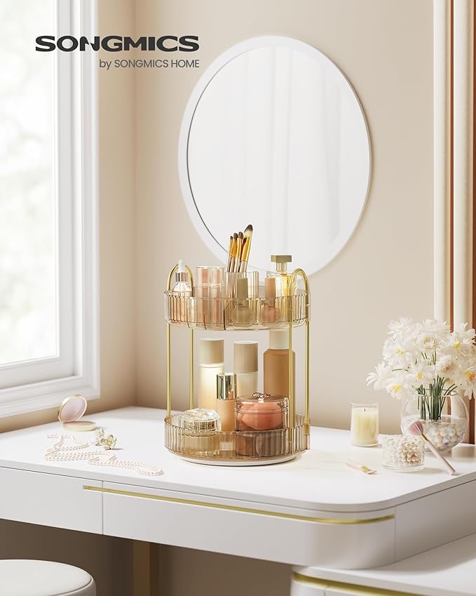 SONGMICS Makeup Organizer, 2-Tier Round Rotating Skincare Organizer Countertop, Customizable, Toiletries Vanity Organizer, Lazy Susan, Gift for Mom, Champagne Gold UJKA012A01