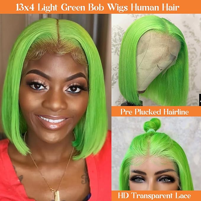 8 Inch Bob Wig Human Hair 13x4 HD Transparent Human Hair Lace Front Wigs Pre Plucked Light Green Short Wigs for Women 180% Density Straight Lime Green Bob Lace Wig with Natural Hairline