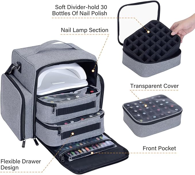 Nail Polish Organizer Case Holds 60 Bottles Portable Travel Storage Box with 2 Detachable Bags, Designed for Women's Nail Tools, Essential Oils and Cosmetics Sets Grey