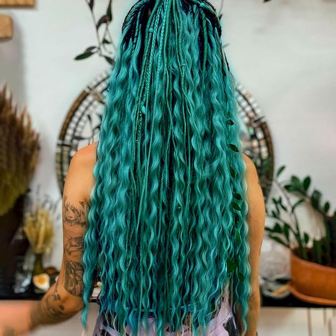 24 Inch 30 Strands SE Dreadlock Extensions Sets，3 In 1 Mixed Synthetic Dreads Extensions, Castleton Green Straight&Curly&Boho Handmade Dreads Hippie Style Dreadlocks for Woman