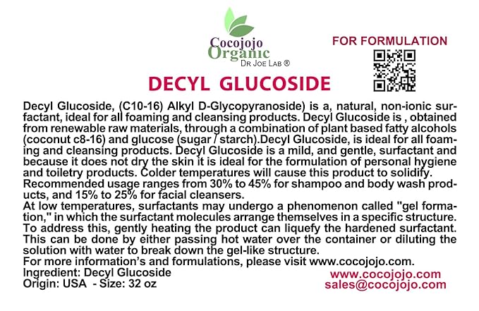 Dr Joe Lab Decyl Glucoside Natural Surfactant - Surfactants for Soap Making, Lauryl Glucoside, DIY Shower Gel, Skin Care, Body and Face Wash, Plant Derived, Natural - 32 Oz