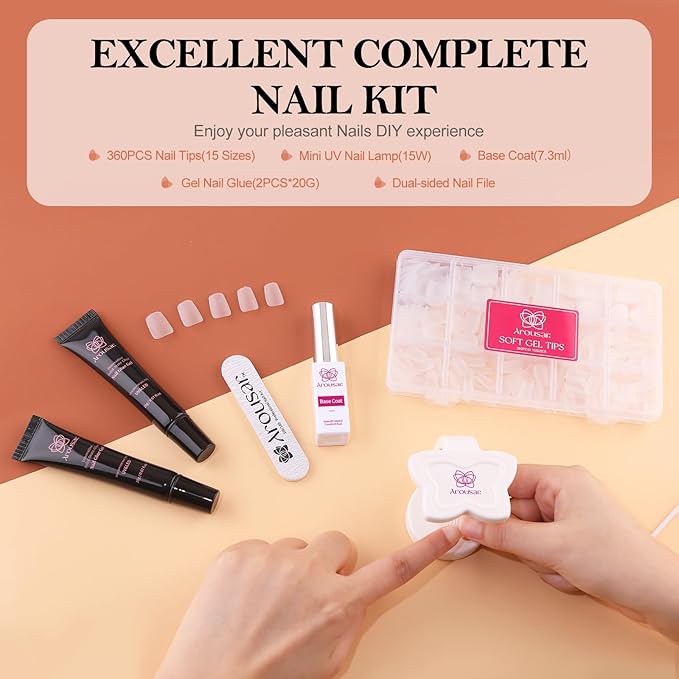 360pcs Short Coffin Nail Tips Kit, Clear Acrylic Nail Extension Set in 15 Sizes, Matte Full Cover Press on False Nail Tips with 20ml*2 Glue Gel & UV Nail Lamp, Spring Summer DIY Salon Gift