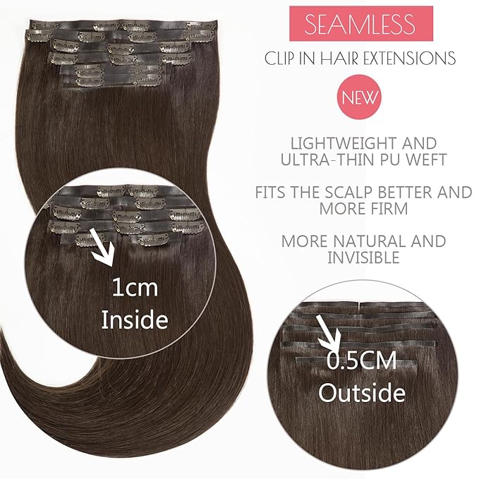 Loxxy Seamless Clip in Hair Extensions Real Human Hair Dark Brown 7Pcs 130G 16Inch Clip in Extensions Human Hair Natural Silky Straight Invisible PU Weft Edge Remy Hair Extensions