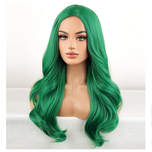 BERON Green Wigs Long Wavy Wig for Women Dark Green Girls Curly Heat Resistant Synthetic Hair Wigs for Daily Use with Wig Cap