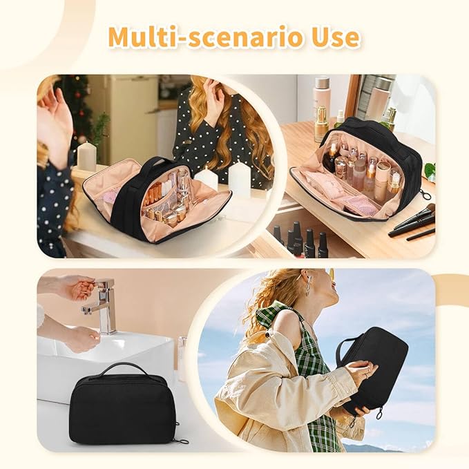 OCHEAL Travel Makeup Bag - Wide Open Cosmetic Bag for Women Make up with Two Compartments, Portable Lightweight Roomy Organizer Toiletry Bag for Girls Skincare tools Accessories-Black