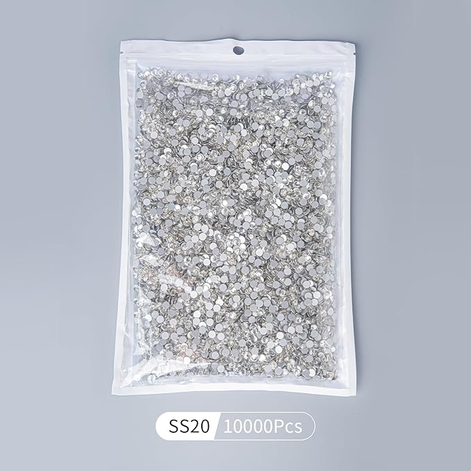 10000PCS Clear Rhinestones Bulk, Flat Back Crystal Glass Stone Round Gems,SS20, 4.6-4.8mm