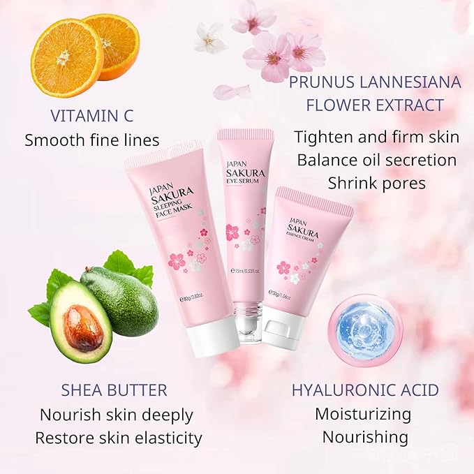 Sakura Skincare Set - Mother's Day Gift Basket - Skincare for Girls 10-12 - Skin Care for Teens 10-12 - Travel Kit for Women - Gift Set for Women with Eye Serum,Face Cream(One Size, 5PCS Sakura Scent)