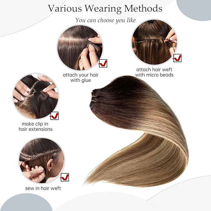 Ubetta Human Hair Extensions Sew in Hair Weft Women,Ombre Walnut Brown to Ash Brown Blonde Highlights Human Hair Weaves Extensions, Straight Remy Human Hair Bundles Sew in Weft Extensions 14Inch 80G