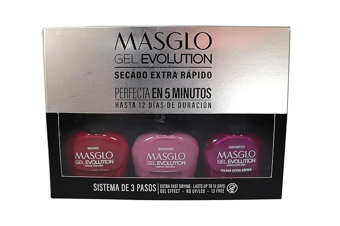 MASGLO Gel Evolution – Set of 3 Nail Polishes No UV/LED Lamp Needed, Fast-Drying, 12-Day Wear, 14-Free Formula, High-Gloss Finish, vegan (0.5 oz Each) h