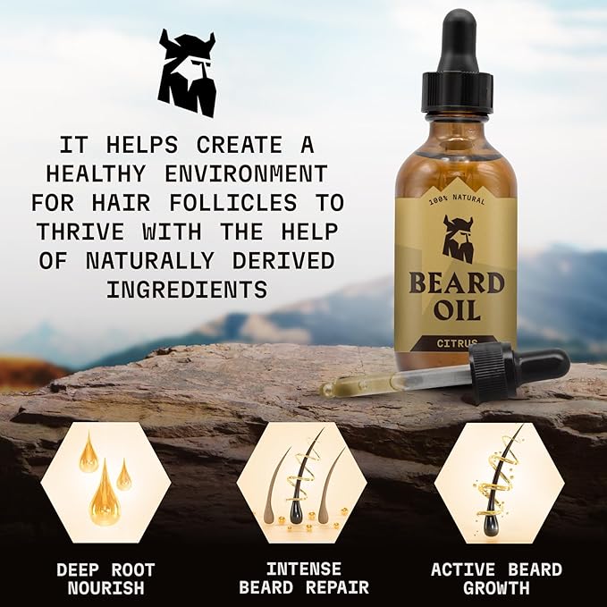 Striking Viking Beard Oil for Men - 2 Fl Oz, Citrus Scent - Naturally Derived Conditioner with Almond, Tea Tree, Argan & Jojoba Oil for Beard Growth, Softening & Moisturizing