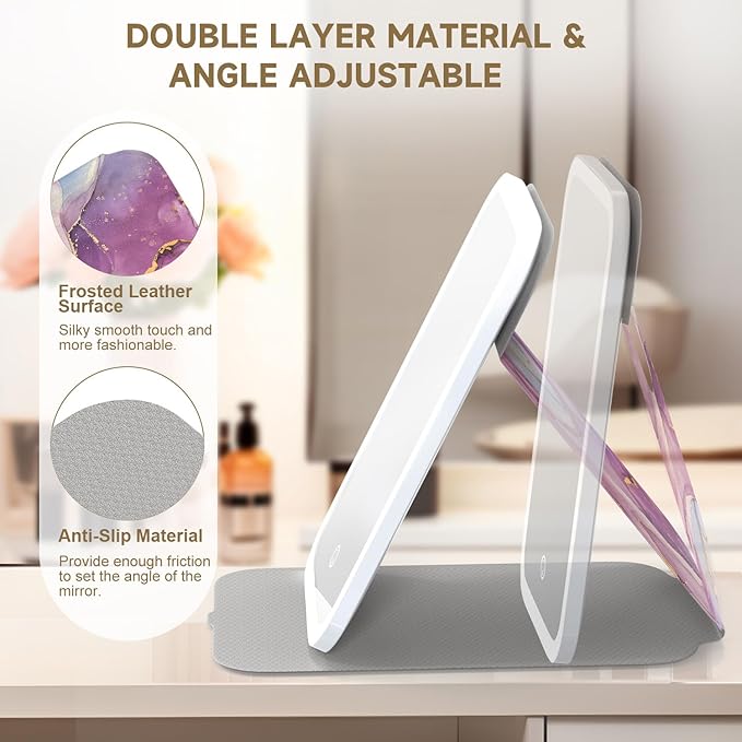 Mocado Travel Makeup Mirro with Lights, 360° Rotation Lighted Makeup Mirror, Portable Mirror with 10x Magnification, 3 Color Lightings, Dimmable Touch Screen, Tabletop Light up Mirror(Purple Marble)