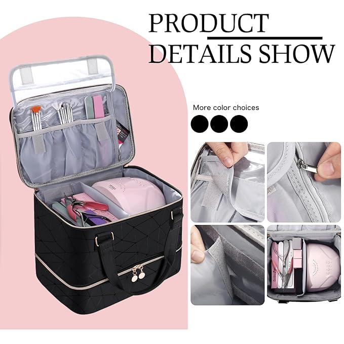 Nail Polish Organizer Case Hold 40+ Bottles (15ml/0.5 fl.oz) and Led Nail Lamp, Nail Supply Organizers and Storage for Nail Tech, Nail Dryer Case Nail Polish Bag Nail Kit Organizer (BLACK)