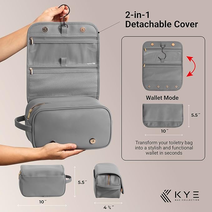 Leather Travel Toiletry Bag for Men with Removable Cover and Hanging Hook - Dopp Kit for men - Makeup Bag Organizer for Women for all your Travel Essentials (Grey)
