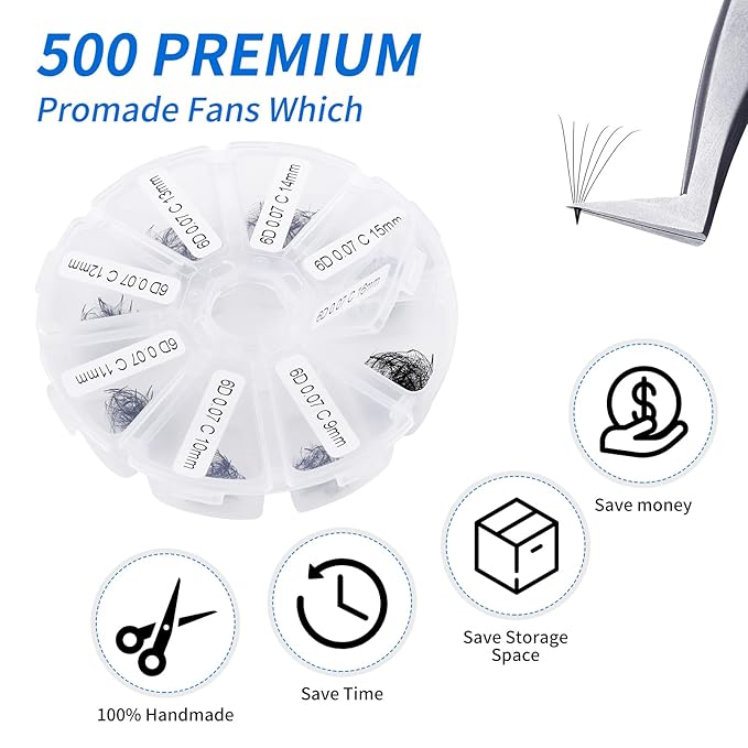 Volume Lash Extensions 6D Premade Fans Eyelash Extensions 500 PCS 0.07mm 9-16mm Mixed C/D Curl Short Stem Premade Volume Eyelash Extensions Pointed Base Fans(500PCS-6D-0.07-C, 9-16mm Mixed Tray)
