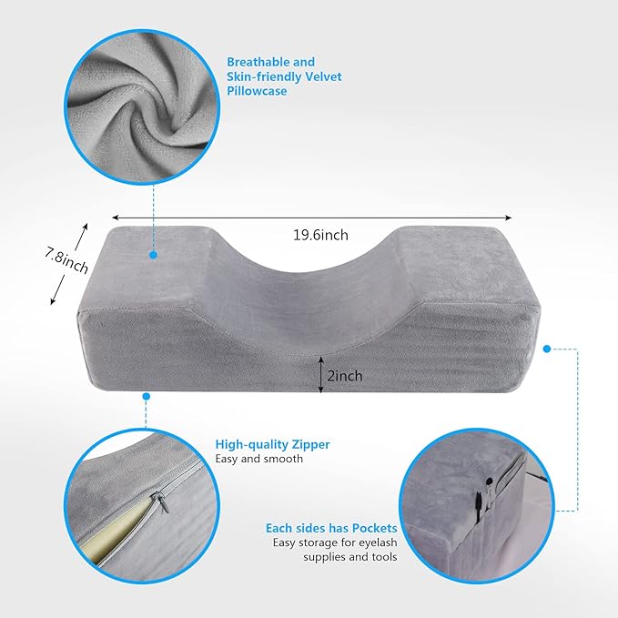 Eyelash Extension Neck Pillow With Acrylic Shelf Organizer Stand, Velvet Warm Lash Extension Grafting Pillow Makeup Tool Display Cabinet Shelves - Grey Shelf + Grey Pillow(Velvet Pillowcase Updated)
