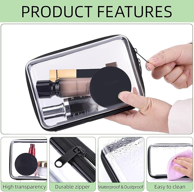 3PCS Clear Zipper Cases, Portable Clear Organizer Pouches for Travel, Double Zippered Hard Shell Plastic Case, Cosmetic Bag for Make Up Tools, Toiletries, Toy Storage (Black, 2 Pack)