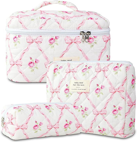 Makeup Bag, 3 PCS Quilted Makeup Bag, Cute Floral Cotton Cosmetic Bag set, Coquette Makeup Pouch Large Travel Toiletry Bag