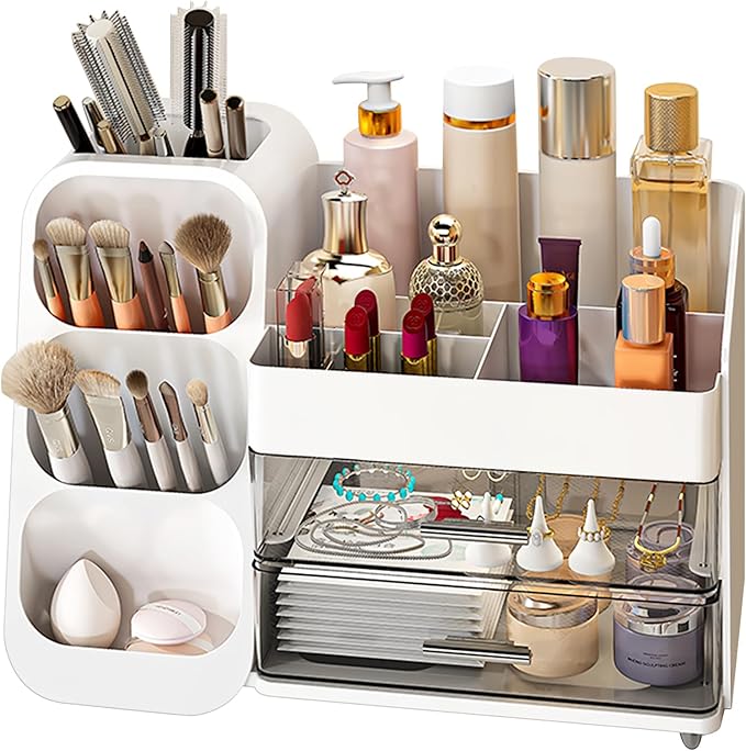 Makeup Organizer with Drawers – Large Cosmetic Storage Box for Vanity, Bathroom, or Bedroom, Perfect for Skincare, Brushes, Lipstick, Eyeshadow,and Beauty Essentials (White)