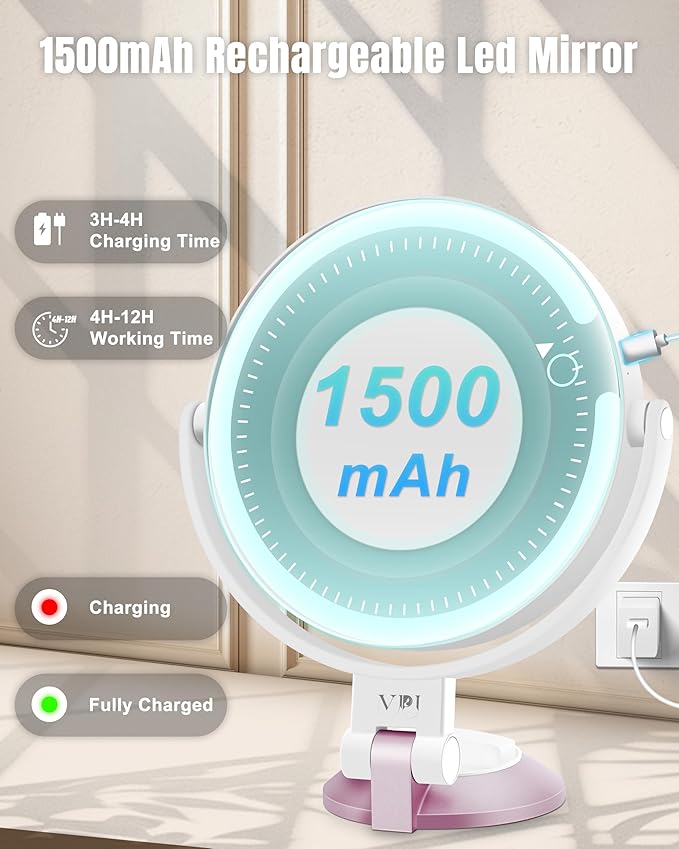 15X/1X Wall Mounted Magnifying Makeup Mirror with Power Suction Cup, Rechargeable Double Sided Regular HD/Magnification 3 Color Modes Adjustable Brightness Mirror with Lights for Bathroom, Travel