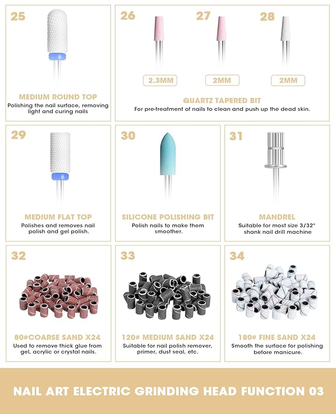 Onism 30Pcs Nail Drill Bits Set - 3/32 Inch Tungsten Carbide Ceramic Nail Bits Kit with Nail Tool Box & Sanding Bands, Professional Manicure Pedicure Remover for Acrylic Gel Nail Polish, Silver