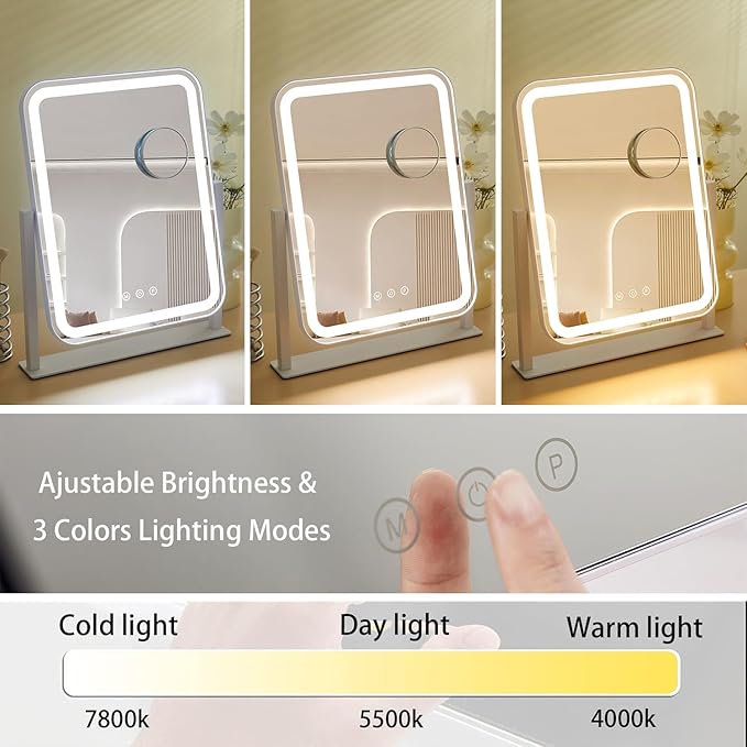 HIEEY Vanity Mirror with Lights, Makeup Mirror with Lights, Three Color Lighting Modes, and 5X Magnification Mirror, Smart Touch Control, 360°Rotation (17.3" x 13" White,Gift Box)