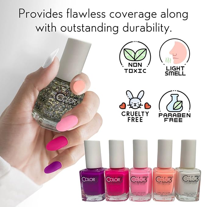 Color Club Girls Night Nail Lacquer Set of 6 - Women and Girls Light Nail Lacquer Set - Quick Dry Nail Art Manicure Set