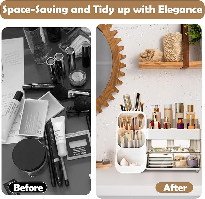 Makeup Organizer Countertop, Vanity Organizer with Brush Holder, Cosmetic Display Case with Drawers, Skincare Organizer for Dresser, Bathroom, Makeup Storage Holder for Women Christmas gifts