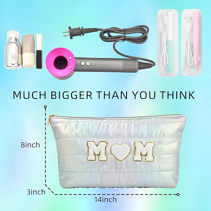 Hiroyuki 3pcs Iridescent Quilted Makeup Bag (ILOVEUMOM, cyan)