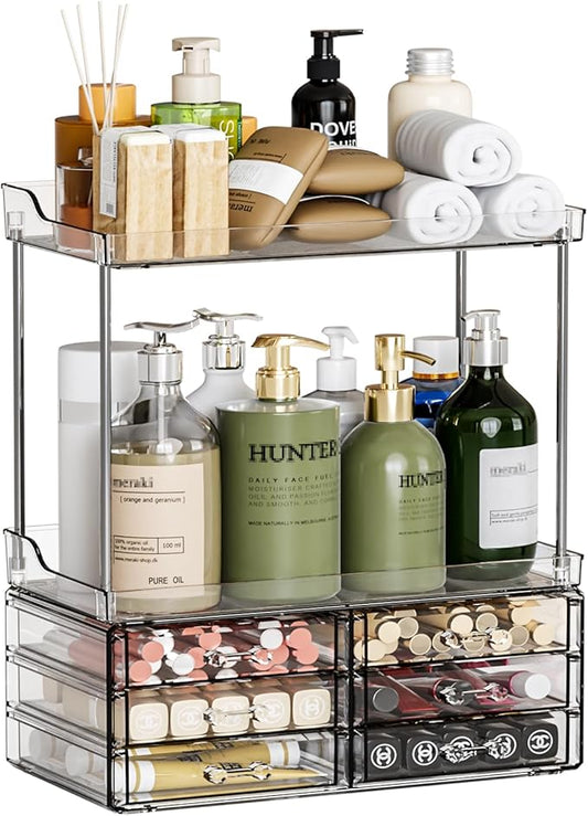 2 Pack Bathroom Organizers and Storage Countertop With 6 Drawers,Stackable Vanity Top Organizer,14.4" Tall Large Capacity Skin Care Organizer and Exquisite Cosmetic Storage Organizer,Clear