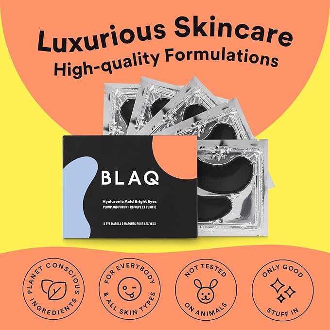 BLAQ Award Winning Eye Patches for Dark Circles, Wrinkles and Puffiness. Hydrating and Cooling with Marine Algae and Activated Charcoal, Dermatologically Tested, Vegan, Hyaluronic Acid, 5-Pairs
