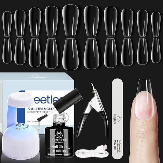 Beetles Soft Gel Nail Kit Medium Coffin Easy Nail Extension Set 5 In 1 Nail Glue Gel Base Coat with Pre shaped Nail Tips and Led Nail Lamp Acrylic Nail Clipper Gifts for Women
