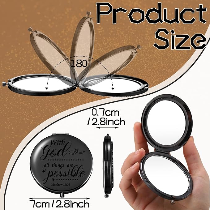 Thyle 12 Pcs Christian Compact Mirror Gifts for Women Bible Verse Bulk Hand Makeup Compact Purse Mirror Inspirational Religious Baptism Gift for Teacher Mother's Day Women Nurse(Black)