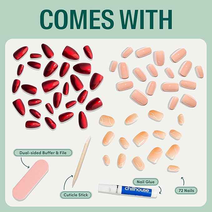 Chillhouse - Chill Tips Press on Nails Kit - She's the Prize Bundle (3-Pack) - 24 Nail Shapes & Sizes - Up to 3 Weeks Wear - Customizable Fit, Reusable - Latina Founded, Women Owned, Beauty, Self Care