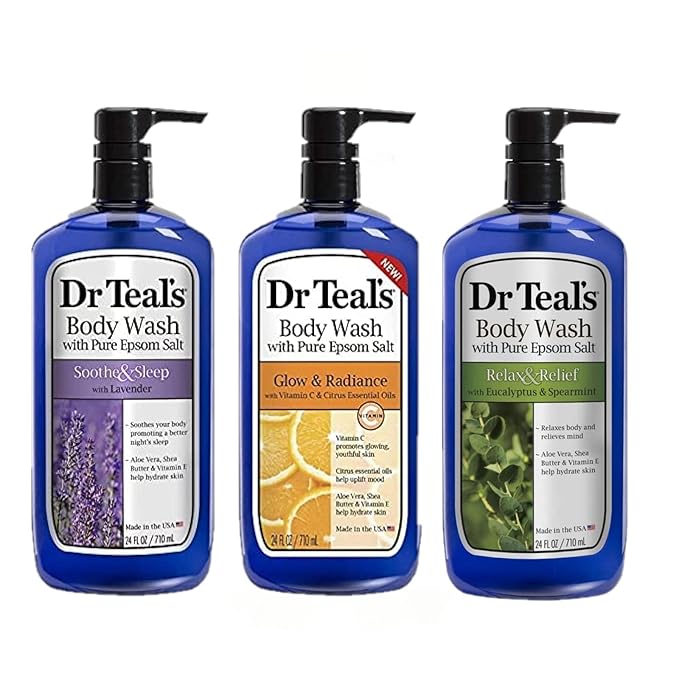 Dr Teal's Body Wash Variety Gift Set (3 Bottles, 24 oz ea) - Soothe & Sleep, Glow & Radiance, and Relax & Relief - Lavender, Citrus, & Eucalyptus Scents - Essential Oils & Epsom Salts for Relaxation