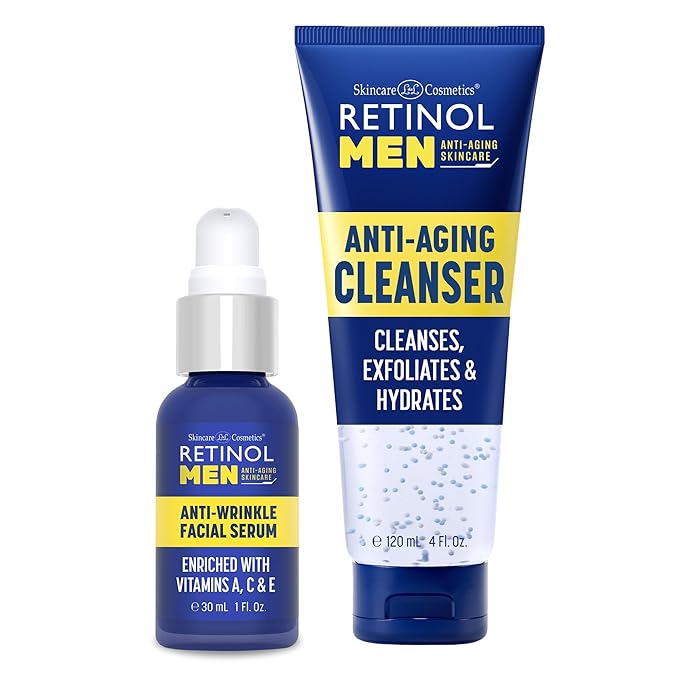 Retinol Men Facial Serum - Vitamin-Enriched, Smooth Fine Lines & Wrinkles + Retinol Men Gel Cleanser Gently Exfoliates skin for Improved Texture