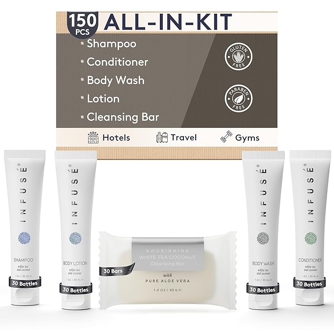 Infuse Pure White Tea and Coconut Hotel Soaps and Toiletries Bulk Set | 1-Shoppe All-In-Kit for Airbnb | 1oz Shampoo & Conditioner, Body Wash, Lotion & 1.25oz Bar Soap | Travel Size 150 Pieces